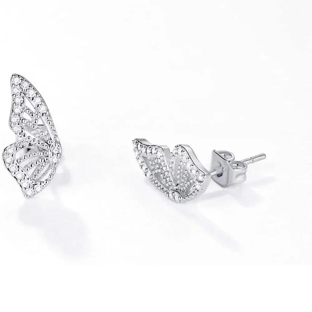 NEW! 18K White Gold Plated CZ Butterfly Wing Stud Earrings - Picture 4 of 6